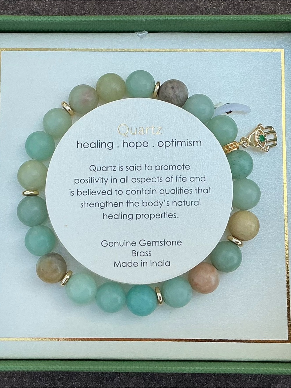 Quartz Gemstone Stretch Bracelet in Seafoam Green with Gold Accents